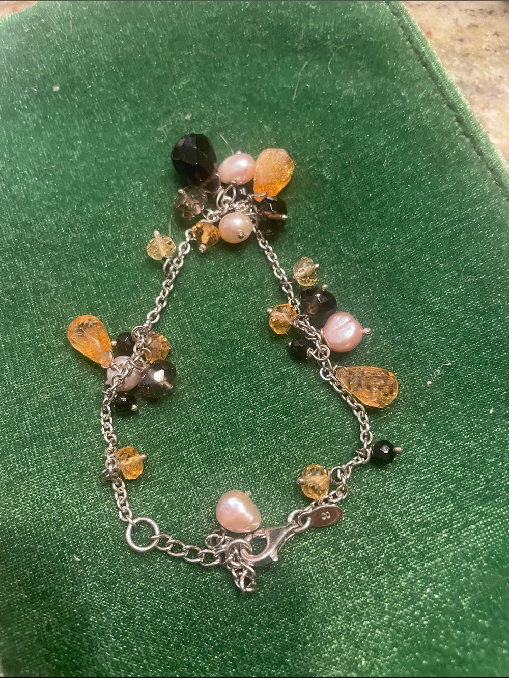 Sterling Silver Charm Bracelet with Amber, Black and Pink Beads